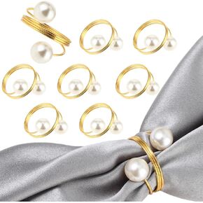 Mabor Gold Napkin Rings Set of 8 Table Napkin Rings Pearl Napkin Ring Holder Metal Spiral Napkin Rings for Dinner Holidays Wedding Table Party Birthday Dining Decorations