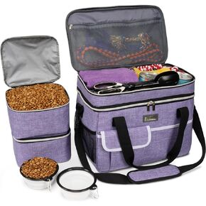 BAGLHER Dog Travel Bag for Supplies - Double-Layer Airline Approved Weekend Pet Travel Organizer Set for Dog and Cat Tote with 2 Pet Food Containers and 2 Collapsible Silicone Bowls Purple