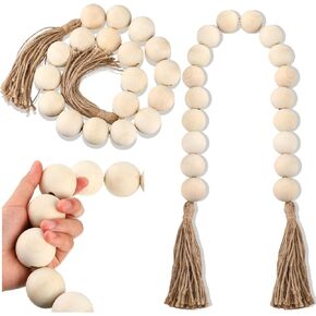 2 Pcs Large Wood Bead Garland with 1.57" Diameter Wood Beads and Tassel, Decorative Beads Boho Home Decor 40'' Long Oversized Wooden Beads Garland Table Decoration for Tiered Tray Wall (Black)
