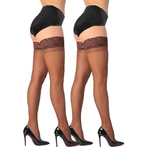 DORALLURE Thigh High Stockings, Silicone Lace Top Stay Up Silky Semi Sheer Pantyhose for Women Hold Up Nylon, 2 Pairs