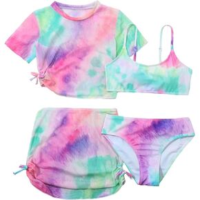 Milumia Girl's 4 Pieces Tie Dye Swimsuits Spaghetti Strap Bathing Suits with Coverup Top and Skirt
