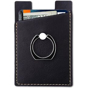 Phone Card Holder with Phone Ring, Ring Wallets Combine a Finger Grip, Phone Ring Stand & Credit Card Sleeve into Thin Phone Wallets Stick On Universal to Any Cell Phone - Black Leather