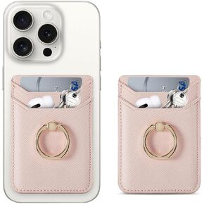 Klarfschar Credit Card Holder for Phone Case,Adhesive RFID Sticky wallet Attachment for Phone Case with Finger Ring Stand Stick on Most SmartPhone for iPhone&Galaxy&Google,Vegan Leather-Pink