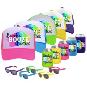 Beaches Booze & Besties PARTY PACK (Set of 5) Party Favor Gift for Girls Trip Weekend Getaway for Women Friends Mom Besties Spring Break Sunglasses Drink Holder Trucker Hat (5 Sets)
