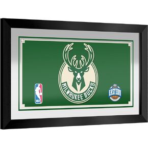 Trademark Global Wall Mirror - Ready-to-Hang Milwaukee Bucks Logo Black Framed Rectangle Mirror - for Pub, Game Room, Garage or Home Bar
