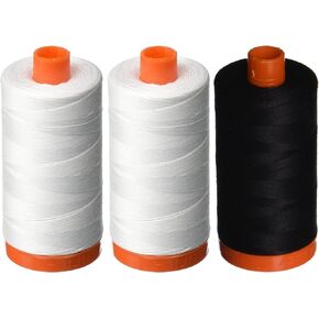 3-Pack - Aurifil 50WT - 2 White + 1 Black, Solid - Mako Cotton Thread - 1422Yds Each