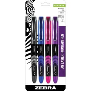 Zebra Pen Fountain Pen Set, Fine Point 0.6mm, Assorted Colors Non-Toxic Ink, Stainless Steel Nib, Disposable, 4-Pack (48304), Black, Pink, Purple, Blue