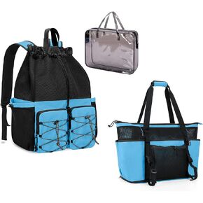 Fasrom Oversized Beach Tote Bag with Zipper Bottom Bundle with Drawstring Swim Backpack with Waterproof Bag and Pocket for Travel, Gym and Pool Sports