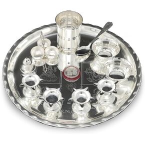 طقم بوجا ثالي مطلي بالفضة من BENGALEN مقاس 30.48 سم مع تصميم بوجا ثالي مع وعاء زجاجي Diya Dhup Dan Haldi Kumkum حامل عملة ملعقة للمنزل ماندير ومكتب الزفاف وهدايا الإرجاع in Kuwait