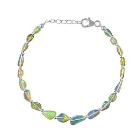 QNAVIC Natural Fire Black Opal Beads Stones Choker Bangle Bracelet for Women, Healing Chakra Crystals, Birthstone Jewelry, Rhodium Plating 925 Sterling Silver 8 inch, Mother's Day Gift for her