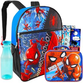 Kids Spiderman Backpack Set ~ 5 Pc Bundle with Deluxe 16 Inch Marvel School Bag, Lunchbox, Water Bottle, Stickers and More (Superhero School Supplies for Boys and Girls)