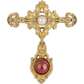 Knighthood Gold Engraving Imitation Pearl Cross With Hanging Stone Metal Lapel Pin Brooch for Men