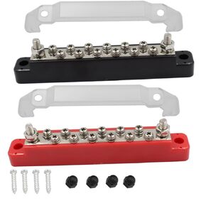 2PCS 12 Terminal Bus Bar Kit with Cover & Heat Shrink Terminals Ground Distribution for Automotive and Marine, Bus Bar 2 Studs 12 Screw Terminals, Max 48V 150A (Red & Black)