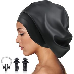 12.6 x 11.42 inch Silicone Swim Cap for Women Men Extra Large Swimming Cap Waterproof Bathing Cap Swim Hat with Ear Plug and Nose Clip for Long Hair Braids Dreadlocks Extensions, Black and L Size