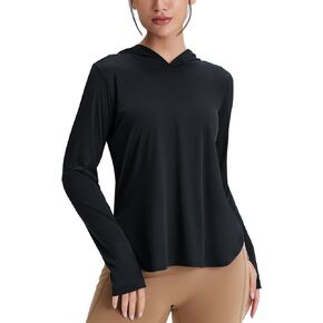 Emlovm UV Sun Protection Shirts for Women with Hoodie UPF 50+ Long Sleeve Lightweight SPF Clothing for Hiking Fishing Black Medium