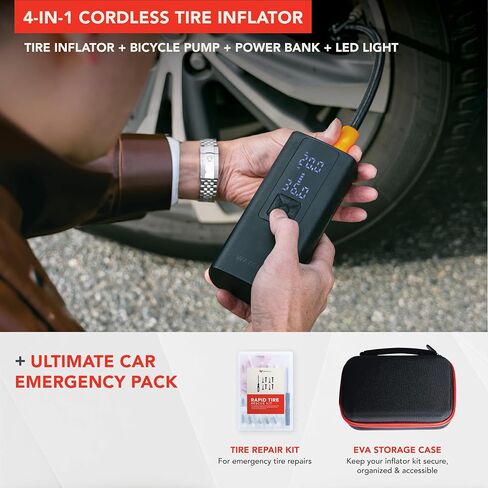 WAYCLIF 4-in-1 Tire Inflator - Portable Air Compressor w/Quick Inflate Technology, Tire Pressure Gauge & Digital Display - 150 PSI Air Pump for Cars, Bikes, Balls & More - Car Emergency Kit Included in Saudi Arabia