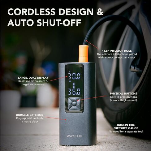 WAYCLIF 4-in-1 Tire Inflator - Portable Air Compressor w/Quick Inflate Technology, Tire Pressure Gauge & Digital Display - 150 PSI Air Pump for Cars, Bikes, Balls & More - Car Emergency Kit Included in Saudi Arabia