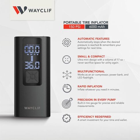 WAYCLIF 4-in-1 Tire Inflator - Portable Air Compressor w/Quick Inflate Technology, Tire Pressure Gauge & Digital Display - 150 PSI Air Pump for Cars, Bikes, Balls & More - Car Emergency Kit Included in Saudi Arabia