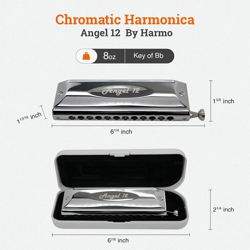 Harmo Angel 12 Chromatic Harmonica Key of Bb - 12 Hole Mouth Organ with Precision Slider, Phosphore Bronze Reeds, Suitable for All Genres - Harmonicas for Beginners to Professionals, Designed in USA in Saudi Arabia