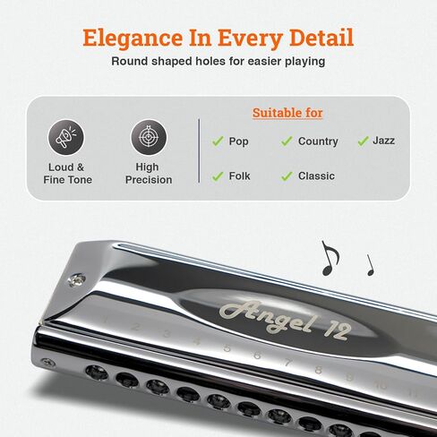 Harmo Angel 12 Chromatic Harmonica Key of Bb - 12 Hole Mouth Organ with Precision Slider, Phosphore Bronze Reeds, Suitable for All Genres - Harmonicas for Beginners to Professionals, Designed in USA in Saudi Arabia
