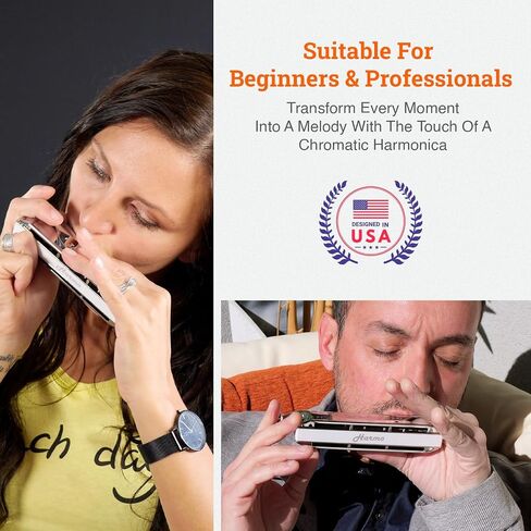 Harmo Angel 12 Chromatic Harmonica Key of Bb - 12 Hole Mouth Organ with Precision Slider, Phosphore Bronze Reeds, Suitable for All Genres - Harmonicas for Beginners to Professionals, Designed in USA in Saudi Arabia