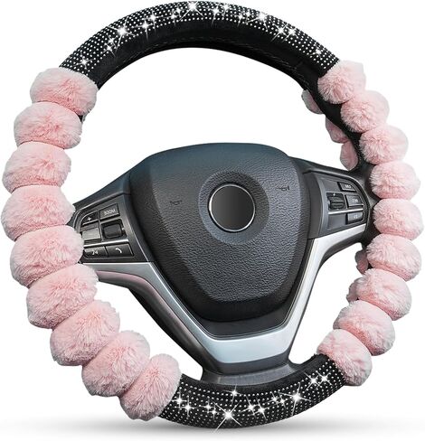 أغطية عجلة القيادة اللطيفة من XCBYT - إكسسوارات تزيين السيارة باللون الأسود، مريحة وغير قابلة للانزلاق، سيارة فاخرة من الصوف الصناعي للنساء والبنات بحجم 15 بوصة للسيارات العالمية in Kuwait