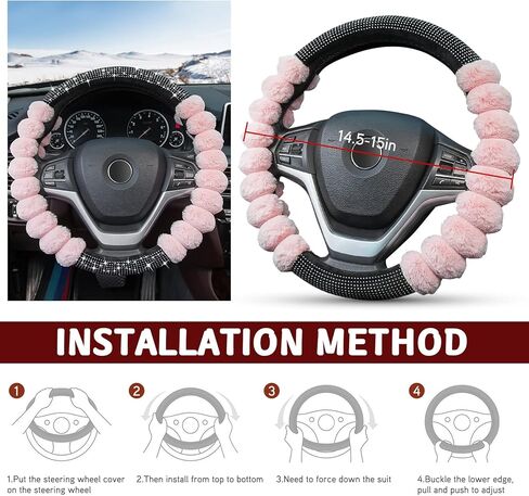 أغطية عجلة القيادة اللطيفة من XCBYT - إكسسوارات تزيين السيارة باللون الأسود، مريحة وغير قابلة للانزلاق، سيارة فاخرة من الصوف الصناعي للنساء والبنات بحجم 15 بوصة للسيارات العالمية in Kuwait
