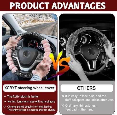 أغطية عجلة القيادة اللطيفة من XCBYT - إكسسوارات تزيين السيارة باللون الأسود، مريحة وغير قابلة للانزلاق، سيارة فاخرة من الصوف الصناعي للنساء والبنات بحجم 15 بوصة للسيارات العالمية in Kuwait