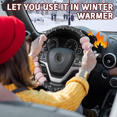 أغطية عجلة القيادة اللطيفة من XCBYT - إكسسوارات تزيين السيارة باللون الأسود، مريحة وغير قابلة للانزلاق، سيارة فاخرة من الصوف الصناعي للنساء والبنات بحجم 15 بوصة للسيارات العالمية in Kuwait