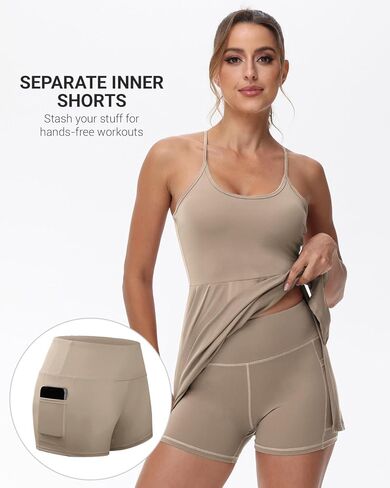 فساتين التنس النسائية من Wenlia مع شورت منفصل وحمالة صدر ذات رقبة واسعة وظهر متسابق للتمرينات الرياضية والجولف مع جيوب in Kuwait