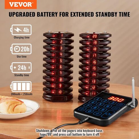 VEVOR Restaurant Pager System, Wireless 500m Long Range Lineup Waiting Queue Signal, Guest Customer Calling Beepers with Vibration & Flashing, 20 Buzzers for Food Truck, Church, Nursery, Hospital in Saudi Arabia