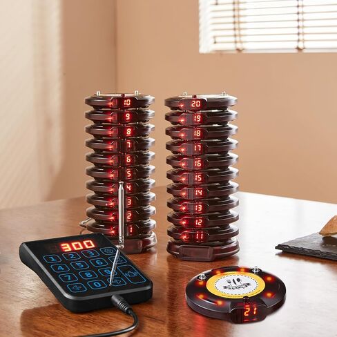 VEVOR Restaurant Pager System, Wireless 500m Long Range Lineup Waiting Queue Signal, Guest Customer Calling Beepers with Vibration & Flashing, 20 Buzzers for Food Truck, Church, Nursery, Hospital in Saudi Arabia