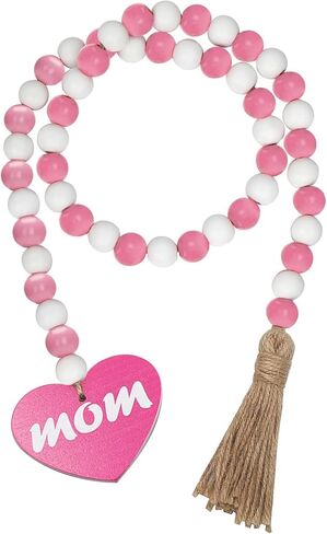 عيد الأم الخرز الخشبي الديكور إكليل مع شرابات، زينة عيد الأم، 33 "الوردي الساخن حبة خشبية شرابة إكليل، علبة مزرعة ديكور الخرز شرابة إكليل لعيد الأم، الزفاف in Kuwait