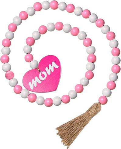 عيد الأم الخرز الخشبي الديكور إكليل مع شرابات، زينة عيد الأم، 33 "الوردي الساخن حبة خشبية شرابة إكليل، علبة مزرعة ديكور الخرز شرابة إكليل لعيد الأم، الزفاف in Kuwait