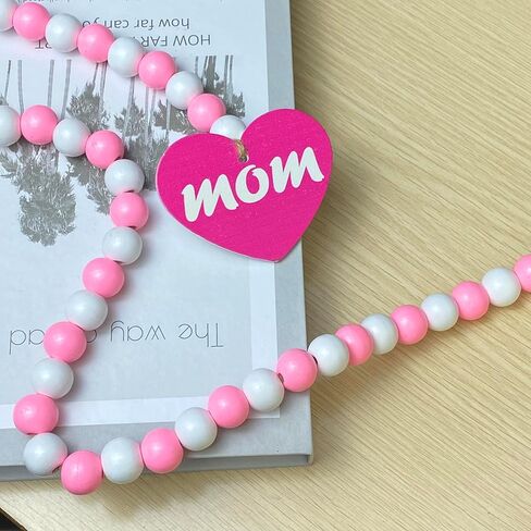 عيد الأم الخرز الخشبي الديكور إكليل مع شرابات، زينة عيد الأم، 33 "الوردي الساخن حبة خشبية شرابة إكليل، علبة مزرعة ديكور الخرز شرابة إكليل لعيد الأم، الزفاف in Kuwait