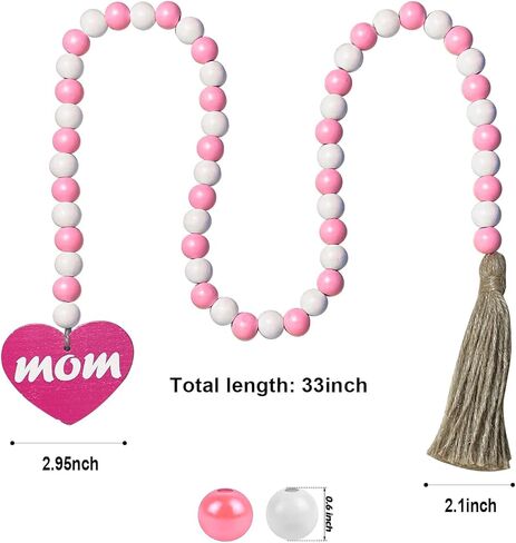 عيد الأم الخرز الخشبي الديكور إكليل مع شرابات، زينة عيد الأم، 33 "الوردي الساخن حبة خشبية شرابة إكليل، علبة مزرعة ديكور الخرز شرابة إكليل لعيد الأم، الزفاف in Kuwait