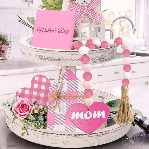 عيد الأم الخرز الخشبي الديكور إكليل مع شرابات، زينة عيد الأم، 33 "الوردي الساخن حبة خشبية شرابة إكليل، علبة مزرعة ديكور الخرز شرابة إكليل لعيد الأم، الزفاف in Kuwait