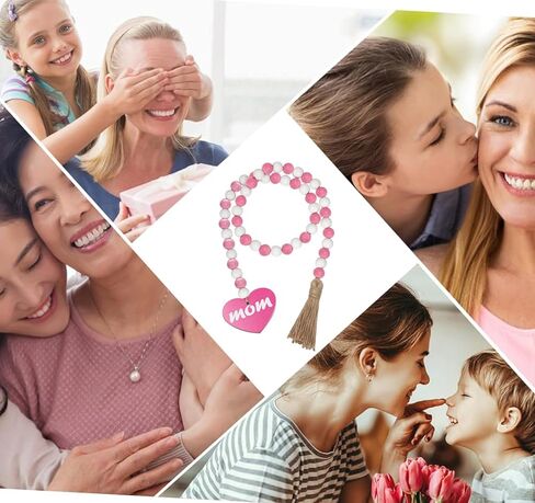 عيد الأم الخرز الخشبي الديكور إكليل مع شرابات، زينة عيد الأم، 33 "الوردي الساخن حبة خشبية شرابة إكليل، علبة مزرعة ديكور الخرز شرابة إكليل لعيد الأم، الزفاف in Kuwait