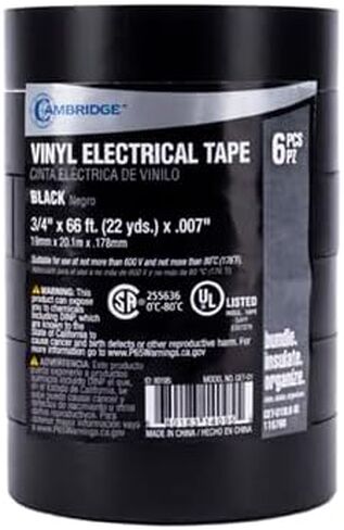 Cambridge Vinyl Electrical Tape, 3/4-In x 60-Ft x 7 Mil, Black, 10-Rolls, Indoor/Outdoor Use, Flame Retardant, Water Resistant, UL/CSA Listed, Industrial and Contractor Grade in Saudi Arabia