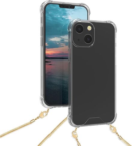 kwmobile Case Compatible with Apple iPhone 13 Mini - Crossbody Case Clear Transparent TPU Phone Cover with Metal Chain Strap - Gold/Transparent in Saudi Arabia