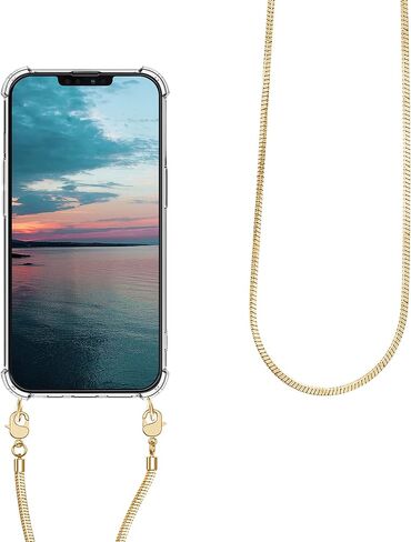 kwmobile Case Compatible with Apple iPhone 13 Mini - Crossbody Case Clear Transparent TPU Phone Cover with Metal Chain Strap - Gold/Transparent in Saudi Arabia