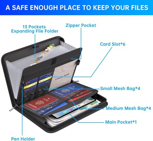 ENGPOW Accordion File Organizer,Legal Size Fireproof Expanding File Folder with Handle & Labels,13 Pockets Large Document Organizer Folder Portable Home Travel Safe Storage for Letter/Legal Files in Kuwait