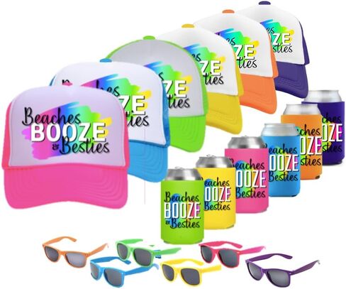 Beaches Booze & Besties PARTY PACK (Set of 5) Party Favor Gift for Girls Trip Weekend Getaway for Women Friends Mom Besties Spring Break Sunglasses Drink Holder Trucker Hat (5 Sets) in Saudi Arabia