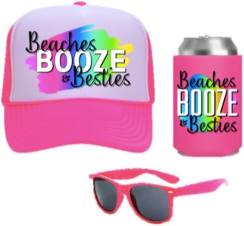 Beaches Booze & Besties PARTY PACK (Set of 5) Party Favor Gift for Girls Trip Weekend Getaway for Women Friends Mom Besties Spring Break Sunglasses Drink Holder Trucker Hat (5 Sets) in Saudi Arabia