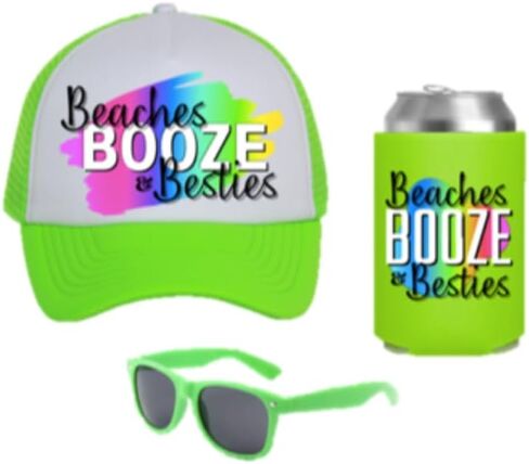 Beaches Booze & Besties PARTY PACK (Set of 5) Party Favor Gift for Girls Trip Weekend Getaway for Women Friends Mom Besties Spring Break Sunglasses Drink Holder Trucker Hat (5 Sets) in Saudi Arabia