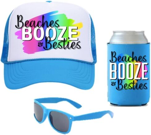 Beaches Booze & Besties PARTY PACK (Set of 5) Party Favor Gift for Girls Trip Weekend Getaway for Women Friends Mom Besties Spring Break Sunglasses Drink Holder Trucker Hat (5 Sets) in Saudi Arabia
