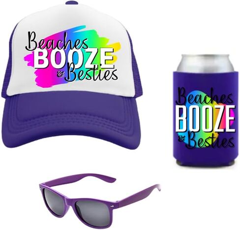 Beaches Booze & Besties PARTY PACK (Set of 5) Party Favor Gift for Girls Trip Weekend Getaway for Women Friends Mom Besties Spring Break Sunglasses Drink Holder Trucker Hat (5 Sets) in Saudi Arabia