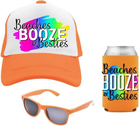 Beaches Booze & Besties PARTY PACK (Set of 5) Party Favor Gift for Girls Trip Weekend Getaway for Women Friends Mom Besties Spring Break Sunglasses Drink Holder Trucker Hat (5 Sets) in Saudi Arabia