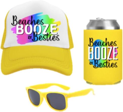 Beaches Booze & Besties PARTY PACK (Set of 5) Party Favor Gift for Girls Trip Weekend Getaway for Women Friends Mom Besties Spring Break Sunglasses Drink Holder Trucker Hat (5 Sets) in Saudi Arabia
