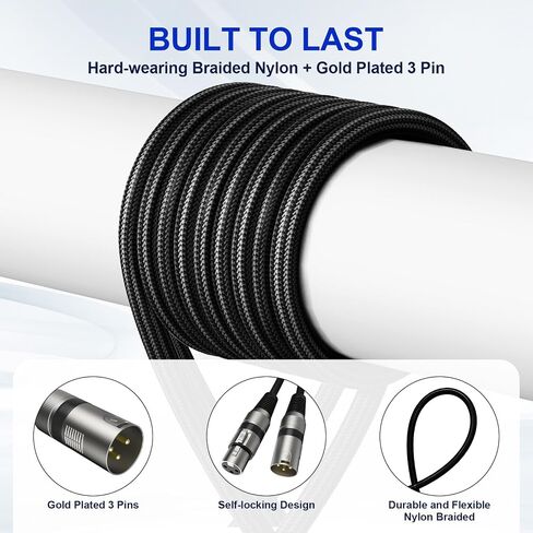 Heams Professional 2 Pack 6FT XLR Cables, Noise Free and Long-Lasting Braided XLR Microphone Cable, All Copper Conductors Balanced Male to Female Mic Cable for Studio Monitor, Mixer, DMX, Black in Saudi Arabia